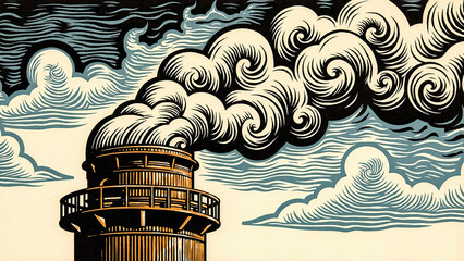 Vintage woodcut-style illustration of a factory chimney on the left and billowing smokestacks, emitting thick swirling clouds of smoke. Air pollution concept in a stylized, impactful way