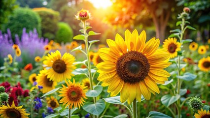 Blooming sunflowers in a garden surrounded by other flowers and foliage, sun, floral arrangement, stems, garden bed