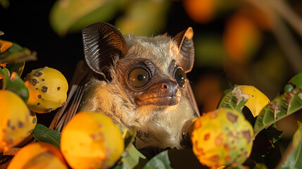 Close-up of a honduran white bat clinging to a branch laden with ripe yellow fruits, its large eyes gleaming in the nocturnal setting