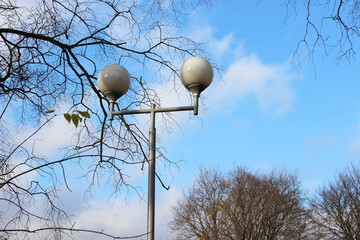 Street Lamp Against Blue Sky and Bare Tree Branches on a Clear Winter Day