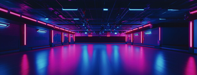 Vibrant dance studio with illuminated neon lights in shades of blue and pink during an evening session
