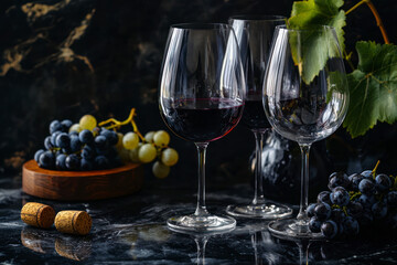 Naklejka premium Wineglasses with grapes and corks on dark background with copy space.