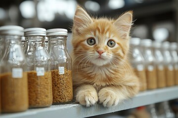 Ginger Kitten Resting on Shelf with Jars of Grains