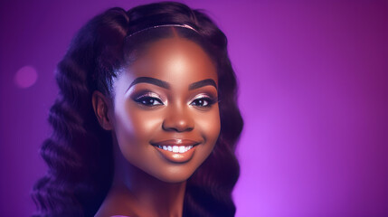 Naklejka premium Portrait of smiling African American girl with purple background banner.