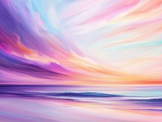 Fototapeta premium Sunset over the ocean in an expressive, colorful style, the sky and water painted with strokes of purple, pink, and orange, radiating warmth and calm
