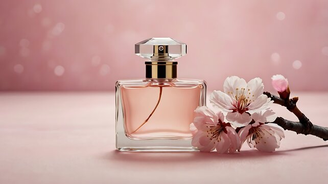 pink perfume bottle with blossom flower
