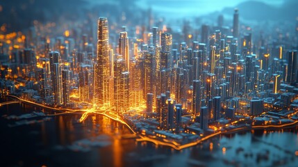 Obraz premium Vibrant cityscape illuminated at night with glowing skyscrapers and waterways