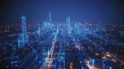 Futuristic city skyline with illuminated technology and digital networks at night