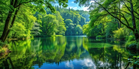 Obraz premium Dense foliage and towering trees surround a serene lake in the heart of the forest, green, nature, forest