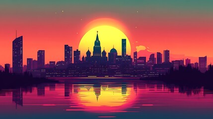 Obraz premium Flat silhouette illustration of St. Basil's Cathedral in Moscow, with bright red and yellow tones in the sky to create a lively dusk scene, featuring simplified shapes and bold color contrasts.