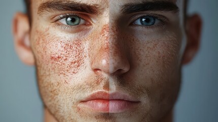 Obraz premium Closeup of male face showing reduction of acne and redness, with clear skin as the after result, welllit and highly detailed textures