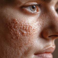 Fototapeta premium Extreme closeup of a cheek with acne, transitioning to clear skin after treatment, textures highly detailed, soft focus background