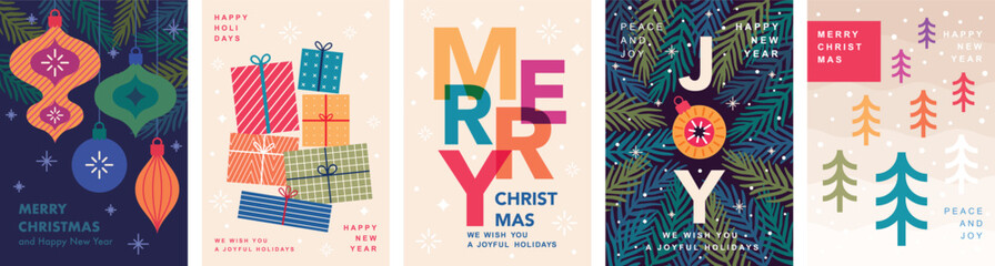 Christmas Minimalist card set - abstract Holidays flyers. Lettering with Christmas and New Year decorative elements. Vector illustration.