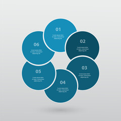 Step by step blue infographic template with 6 steps, options, parts or processes.
