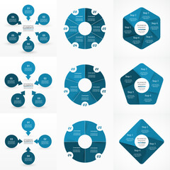Set of blue circle infographic elements with 4, 5 and 6 options, parts or steps.