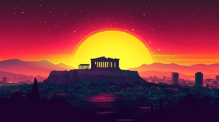 Obraz premium Flat silhouette illustration of the Athens Acropolis at sunset, featuring the Parthenon against a bright gradient sky with shades of red, yellow, and pink,