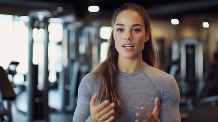 A woman in a gym talking to someone
