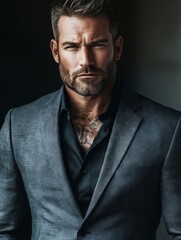 Fototapeta premium A man in a gray suit with a black shirt and black shirt