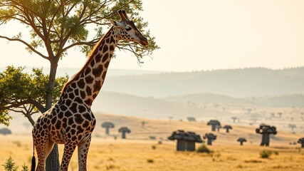 A graceful giraffe stands tall amidst a golden savannah, its long neck reaching towards the sun-kissed sky, while its spotted coat blends seamlessly with the surrounding vegetation.