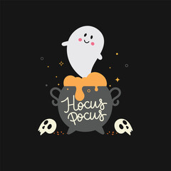 Halloween background. Cute ghost bubbling up in a magical cauldron. Hocus Pocus text. Vector illustration flat design style.