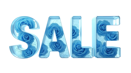 The original glass word "SALE" with inserts of blue roses on light background. isolated on transparent background. perfectly fitting into the design of holiday sales and promotions.
