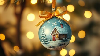 Obraz premium A Festive Ornament Adorned with a Hand-Painted Winter Cabin Depiction, Suspended from a Branch Against a Background of Warm Golden Lights