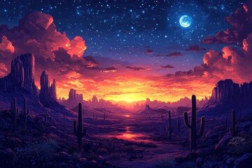 Desert Sunset Under a Starry Sky