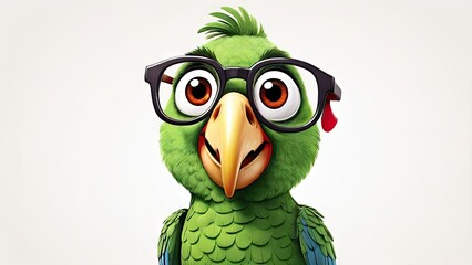 A single cartoonstyle Nigel parrot funny,wearing glasses laughing isolated on a white/blue background
