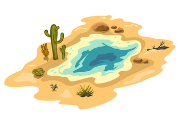 Isometric desert scene. Cartoon landscape with african oasis. Game art of lake in sand. Isolated mexican valley. 2d pond sprite