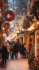 Fototapeta premium Festive Christmas Street with Lights and Decorations