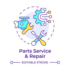 Parts service and repair multi color concept icon. Reverse engineering usage. Troubleshooting, maintenance. Round shape line illustration. Abstract idea. Graphic design. Easy to use in article