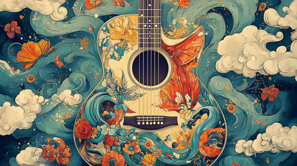 Obraz premium floral acoustic guitar illustration