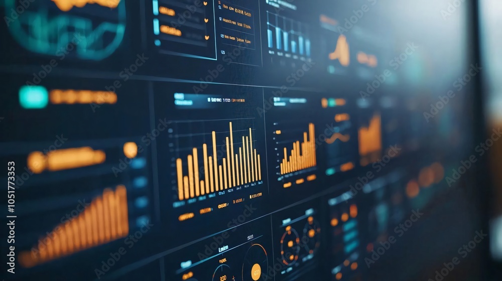 Poster Modern data visualization dashboard featuring graphs and metrics in vibrant colors for business analytics and decision making.