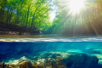 Fototapeta premium A dual perspective reveals a sunlit forest above and thriving aquatic life below, bridging land and water in unique harmony.