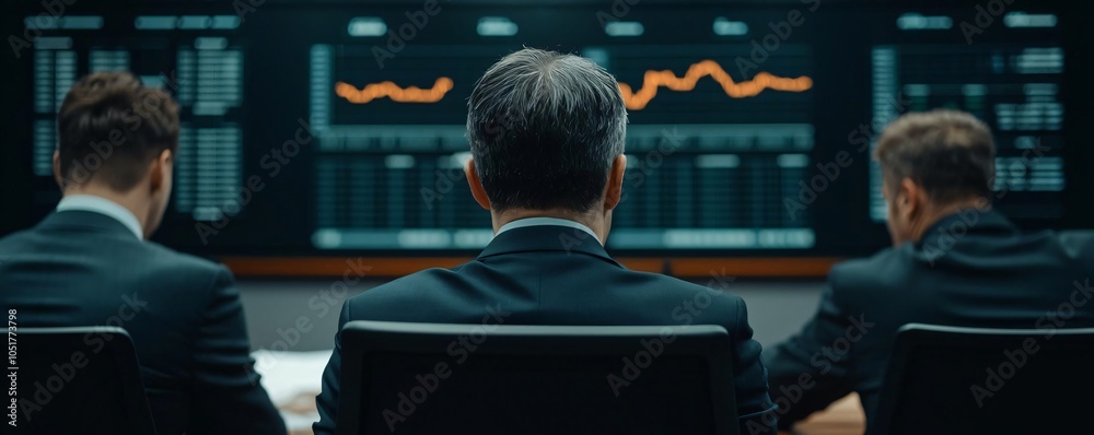 Poster three professionals analyzing data in a modern office with screens displaying graphs and statistics,