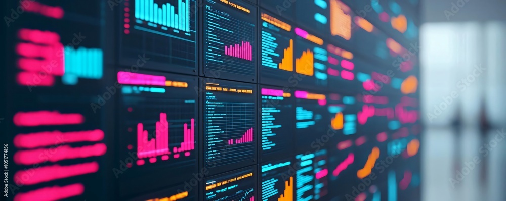 Poster vibrant data visualization featuring colorful graphs and analytics on a digital screen, ideal for te