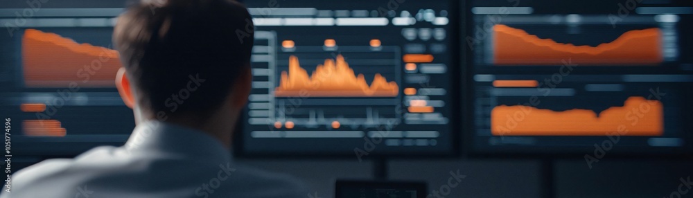 Poster a focused professional analyzing dynamic data on multiple screens in a modern workspace.
