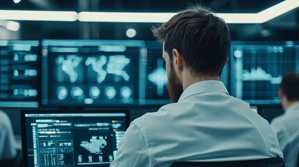 A professional monitoring data in a modern office, focusing on analytics and technology in a high-tech environment.