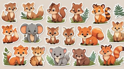 Fototapeta premium Sticker set of cute wild animals, clip art design, on a soft background.