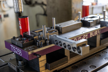 Sheet Metal Stamping Tool Die for Automotive Precision Parts on The Numerical Control Milling Machine Table. Tandem Stamping System. At a High Quality Technology Factory.