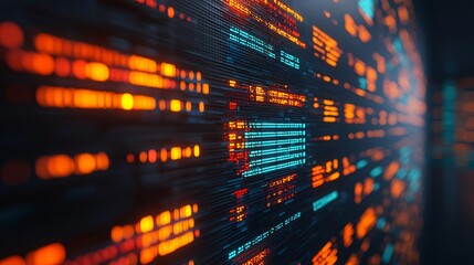 Abstract digital data visualization with vibrant orange and blue colors, representing modern technology and information processing.