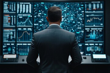 Fototapeta premium Businessman analyzing data on multiple screens, focusing on graphs and statistics, in a modern office environment.