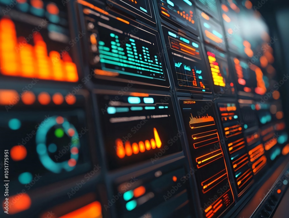 Poster close-up view of a digital dashboard with vibrant graphs and data displays, showcasing modern data a