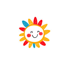 Fototapeta premium Cartoon smiling sun logo, isolated on white background