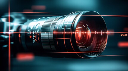 A stylized camera lens at the center, representing the "shoot" aspect, with a subtle crosshair over it to symbolize precision.