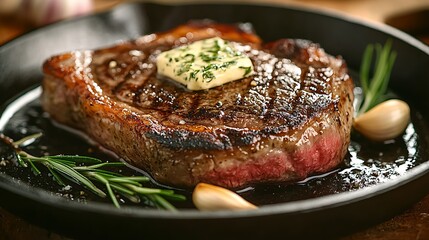 Juicy steak with butter and herbs on a skillet.