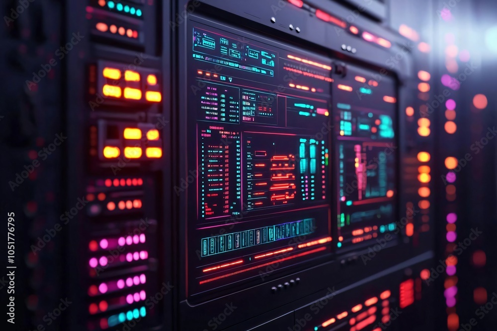 Poster futuristic data server with glowing colorful controls and screens showcasing complex information and