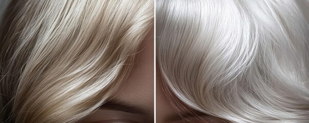 Naklejka premium Closeup comparison of hair roots before and after coloring, transitioning from visible gray strands to flawless platinum highlights, subtle lighting