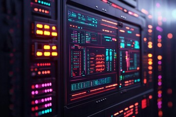 Futuristic data server with glowing colorful controls and screens showcasing complex information and vibrant interfaces.