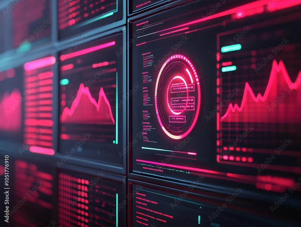 Poster futuristic digital dashboard showcasing colorful graph visualizations for data analysis and technolo